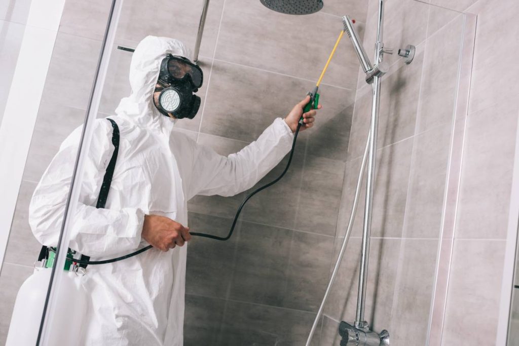 pest control worker spraying pesticides with sprayer in bathroom